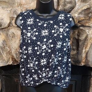 LOFT Navy Tank Top with White Floral Print and Front Twist